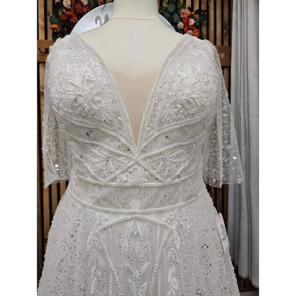 Sparkling A-Line Wedding Dress with Sleeves | Size 26 Bridal | Sample Gown - Picture 3 of 6